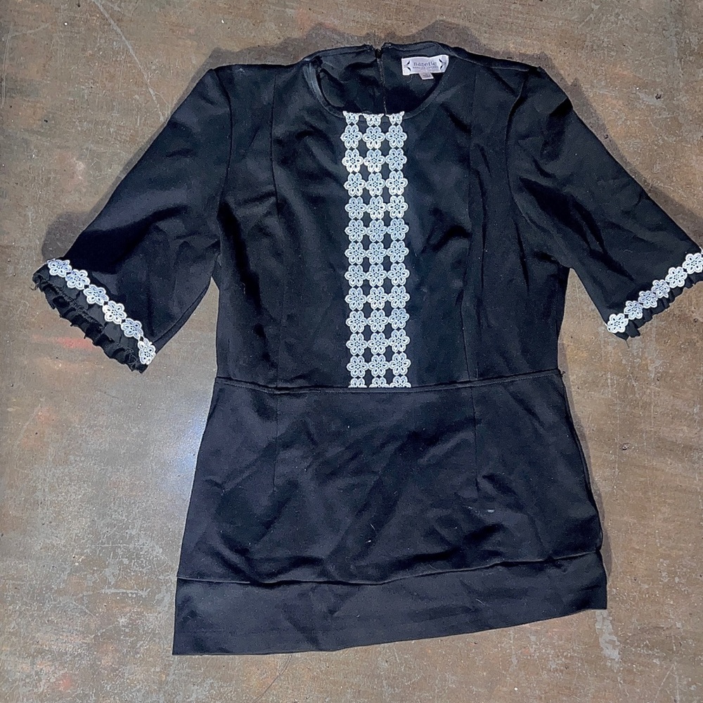 Nanette tailored black shirt with lace trim on bodice and cuffs, size 10.